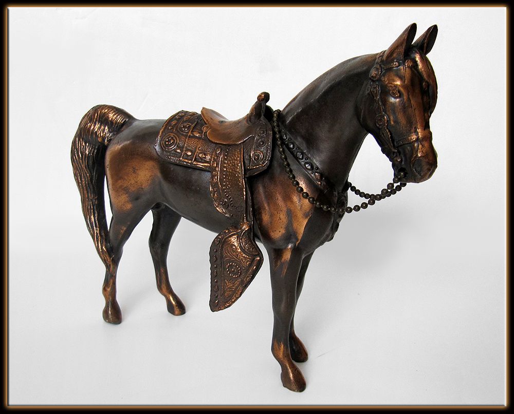 Vintage Brass Bronze Copper Colored Metal Horse Statue 10" With Saddle